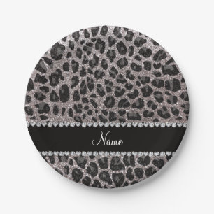 Leoparden aus Individuelle Name Silber Glitzer Pappteller