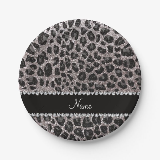 Leoparden aus individuelle Name Silber Glitzer Pappteller (Vorderseite)