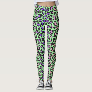 Leoparden-Druck Grün Lila Rosa Schwarze Leggings