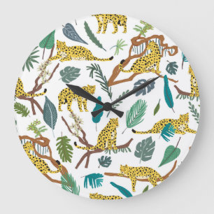 Leoparden im Dschungel, von Hand gezeichnet Muster Große Wanduhr