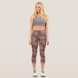 Leoparden Käse Wilde Katze Rosa Blumenmuster Capri Leggings