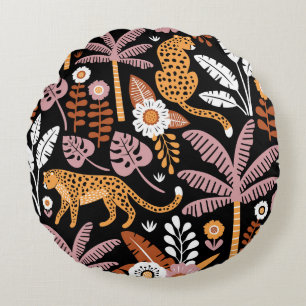 Leoparden Palmen Vintage Nahtloses Muster Rundes Kissen