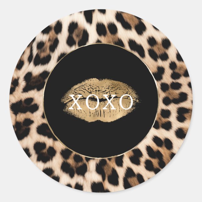 Leopardendruck Goldene Lippen XOXO Runder Aufkleber (Vorderseite)