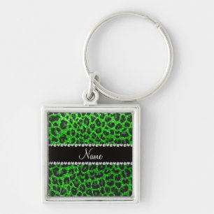 Leopardendruck in individuelle Name-Kalkgrün Glitz Schlüsselanhänger