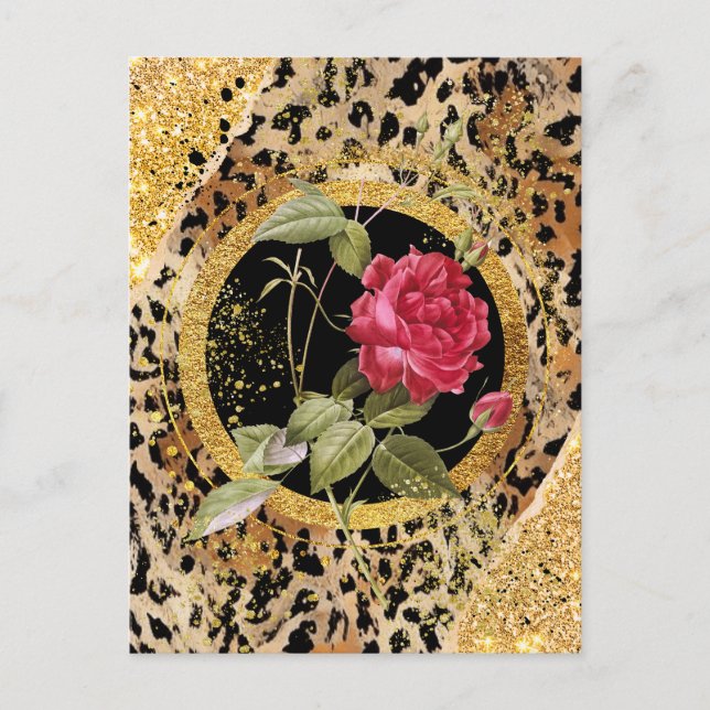 Leopardendruck mit Rose und vergoldetem Glitzer Postkarte (Vorderseite)