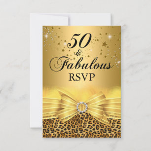 Leopardendruck & Schleife 50 & Fabulous RSVP Gold Einladung
