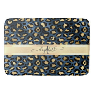 Leopardenmuster Blau Gold Monogramm Badematte