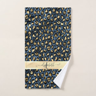 Leopardenmuster Blau Gold Monogramm Badhandtuch Set