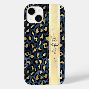 Leopardenmuster Blau Gold Monogramm Case-Mate iPhone 14 Hülle