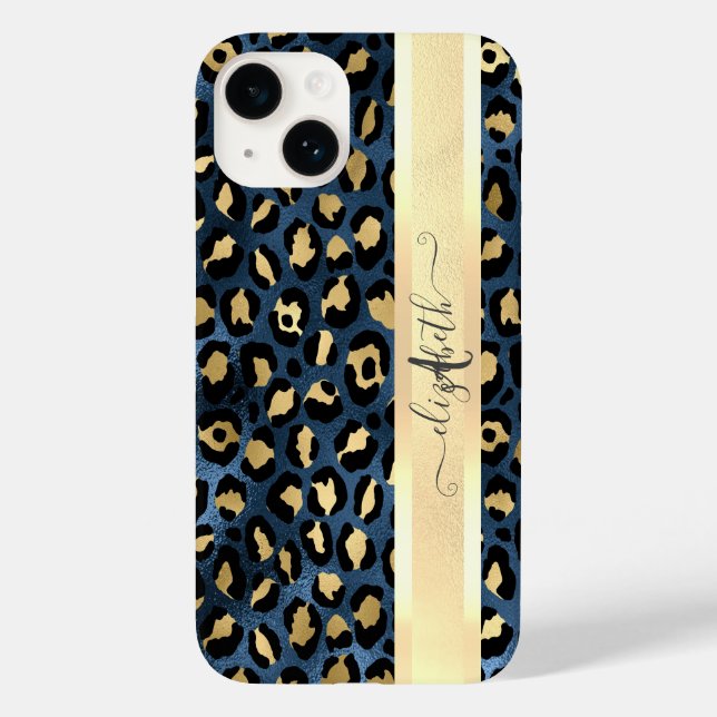 Leopardenmuster Blau Gold Monogramm   Case-Mate iPhone Hülle (Rückseite)