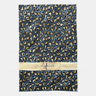 Leopardenmuster Blau Gold Monogramm Geschirrtuch