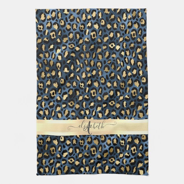Leopardenmuster Blau Gold Monogramm Geschirrtuch (Vertikal)