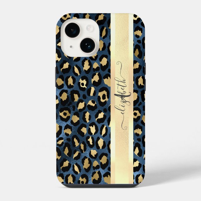 Leopardenmuster Blau Gold Monogramm   iPhone Hülle (Rückseite)