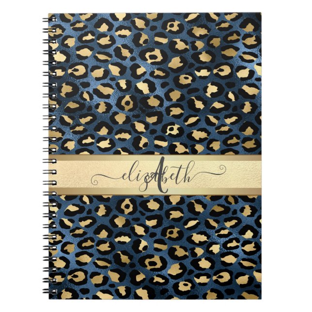 Leopardenmuster Blau Gold Monogramm Notizblock (Vorderseite)