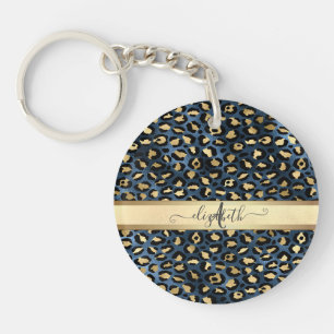 Leopardenmuster Blau Gold Monogramm Schlüsselanhänger