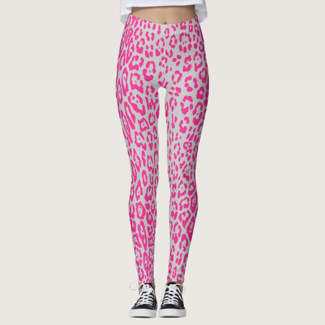 Leopardenmuster in rosa und grauem Lappen Leggings (Vorderseite)