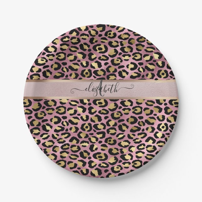 Leopardenmuster Monogramm Roségold Schwarz Pappteller (Vorderseite)