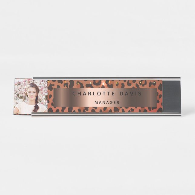 Leopardenmuster Rose Gold Foto Schreibtischnamensplakette (Vorderseite )