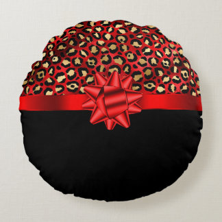 Leopardenmuster Rot, Gold und Schwarz mit roter Sc Rundes Kissen
