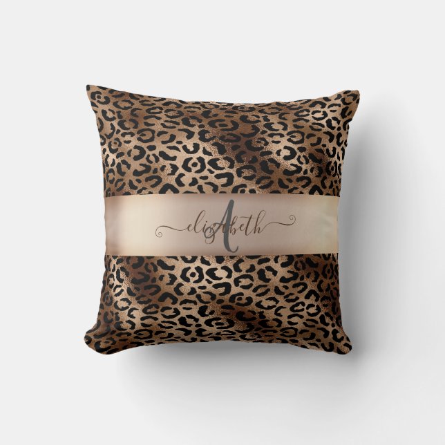 Leopardenmuster Schwarz Bronze Monogramm Kissen (Vorderseite)