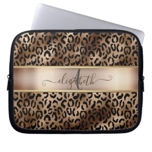 Leopardenmuster Schwarz Bronze Monogramm Laptopschutzhülle