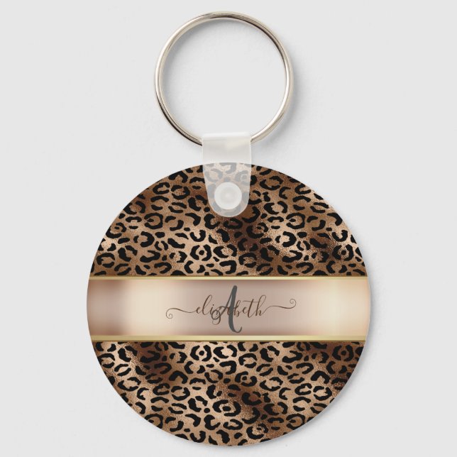 Leopardenmuster Schwarz Bronze Monogramm Schlüsselanhänger (Vorderseite)