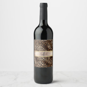 Leopardenmuster Schwarz Bronze Monogramm Weinetikett