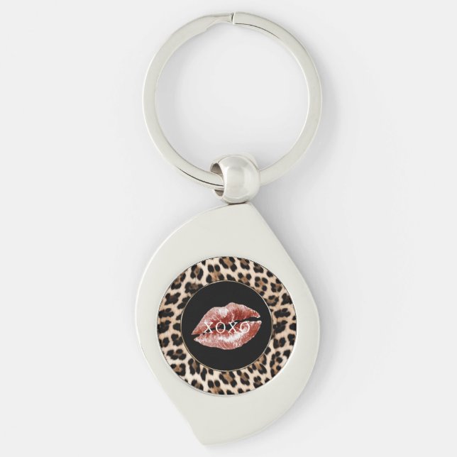 Leopardenprint Roter Lippenstift XOXO Schlüsselanhänger (Vorderseite)