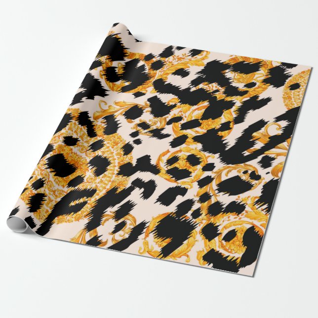 Leopardenstruktur mit goldbarocken Mustern Geschenkpapier (Ungerollt)