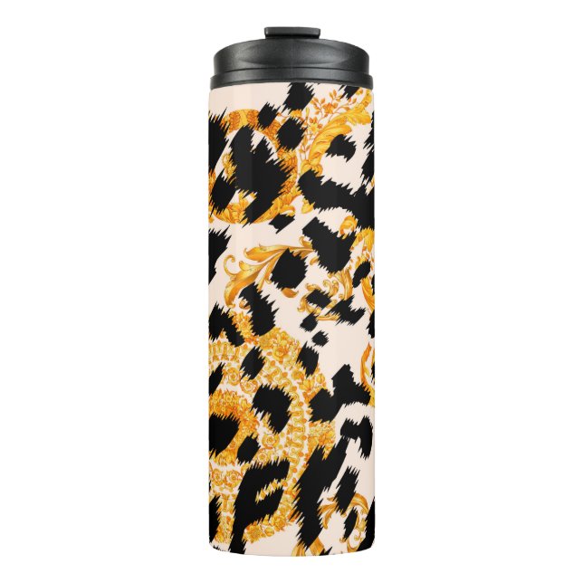 Leopardenstruktur mit goldbarocken Mustern Thermosbecher (Vorderseite)