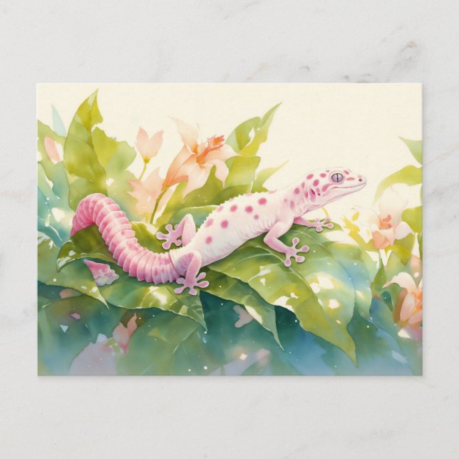 Leopardgecko mit rosa Fleck und Lilienblüte Postkarte (Vorderseite)