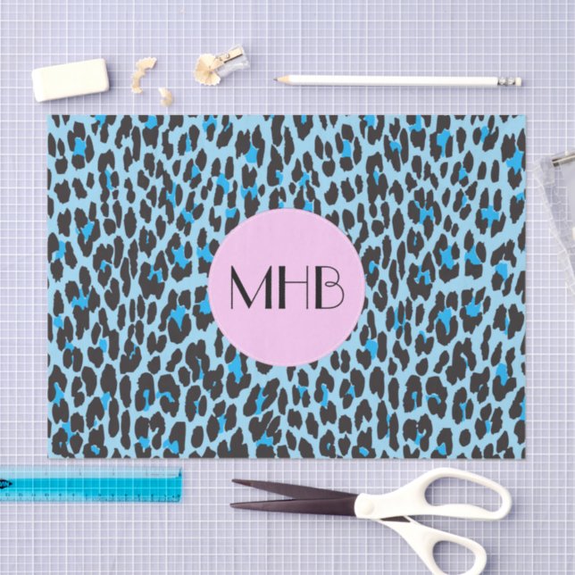 Leopardrucke, Spots, Blauer Leopard, Monogramm Seidenpapier (Handwerk)