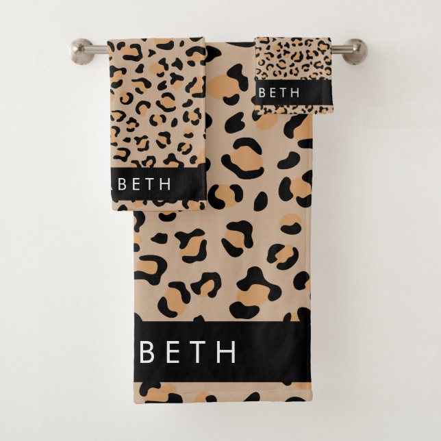 Leopardrucke, Spots, Braunleopard, Ihr Name Badhandtuch Set (Insitu)