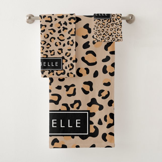 Leopardrucke, Spots, Braunleopard, Ihr Name Badhandtuch Set (Insitu)
