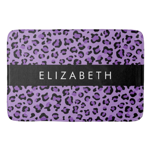 Leopardrucke, Spots, Lila Leopard, Ihr Name Badematte (Vorderseite)