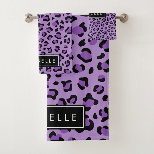 Leopardrucke, Spots, Lila Leopard, Ihr Name Badhandtuch Set (Insitu)