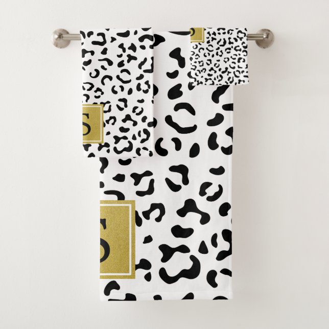 Leopardrucke, Spots, Schwarz/Weiß, Monogramm Badhandtuch Set (Insitu)