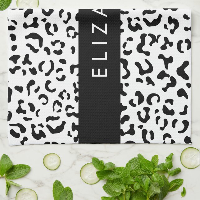 Leopardrucke, Spots, Schwarzweiß, Ihr Name Geschirrtuch (Gefaltet)