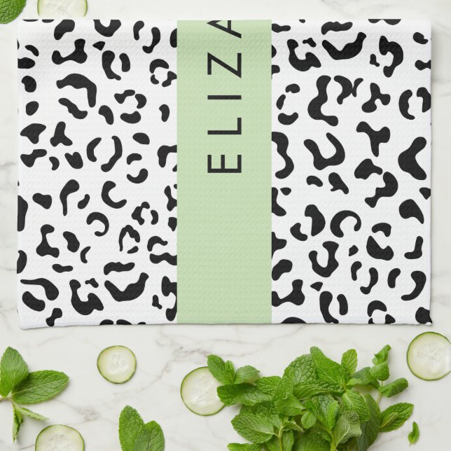 Leopardrucke, Spots, Schwarzweiß, Ihr Name Geschirrtuch (Gefaltet)