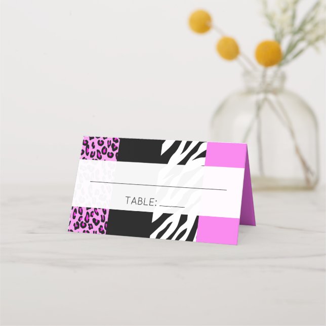 Leopardrucke, Zebra Print, Tierdruck, Hochzeit Platzkarte (Vorderseite)