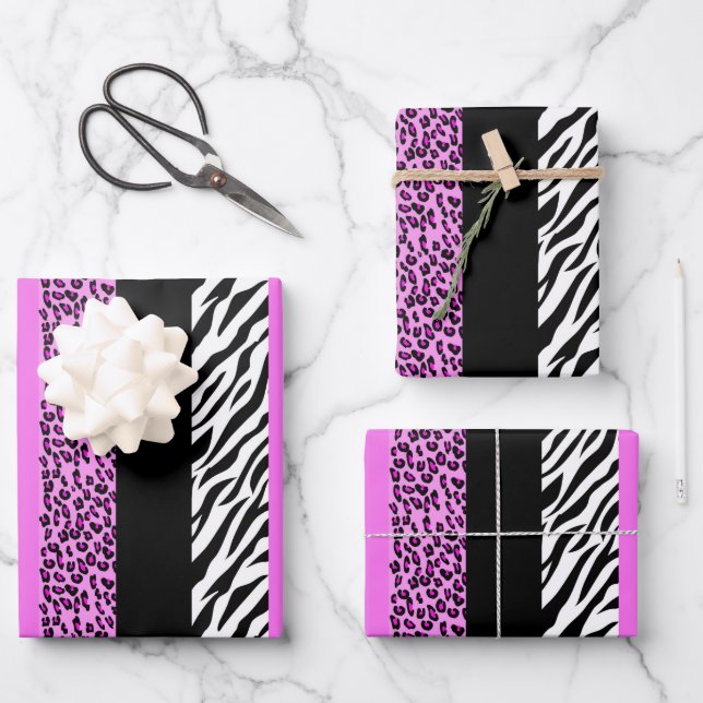 Leopardrucke, Zebra Print, Tierdruck, Rosa Geschenkpapier Set (Vorderseite)