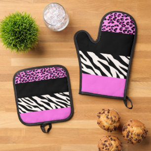 Leopardrucke, Zebra Print, Tierdruck, Rosa Ofenhandschuh & Topflappen-Set
