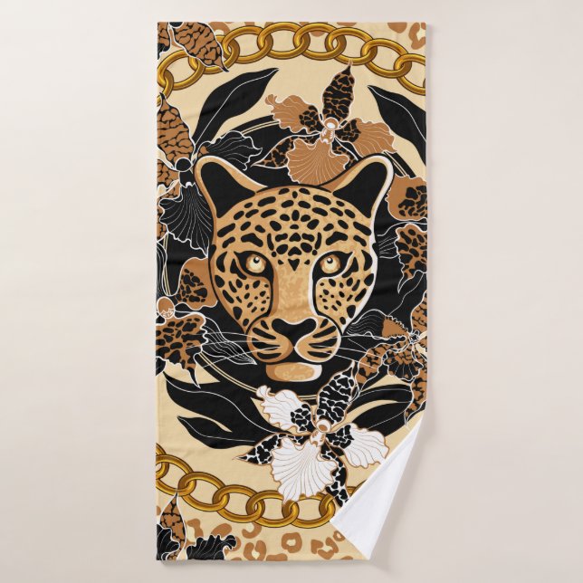 leopard's head surrounded by orchids, gold chain a badehandtuch (Badehandtuch)