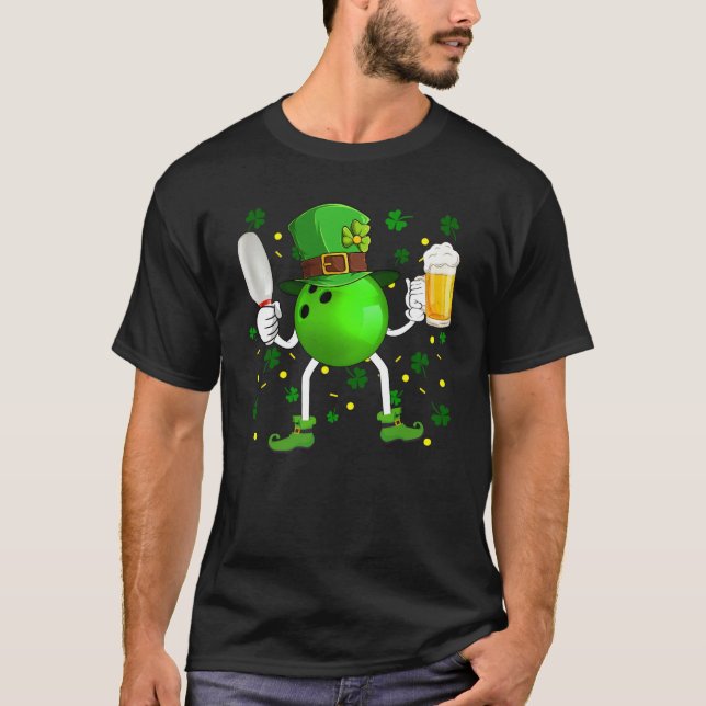 Leprechaun Bowling Ball Pin & Glass Of Beer St Pat T-Shirt (Vorderseite)