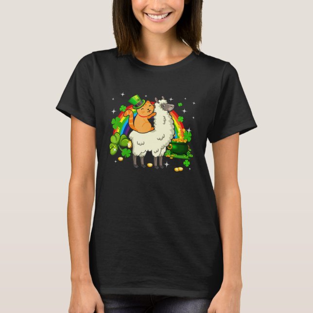 Leprechaun Cat Riding Llama Happy St Patricks Day T-Shirt (Vorderseite)