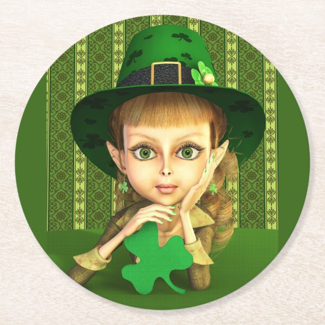 Leprechaun Girl St. Patrick's Day Paper Untersetze Runder Pappuntersetzer (Vorderseite)