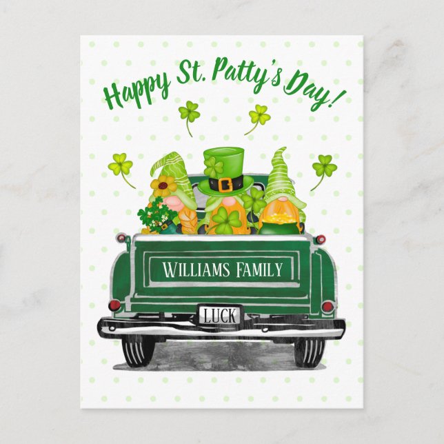 Leprechaun Gnome Vintag Green Truck St. Paddy's  Postkarte (Vorderseite)