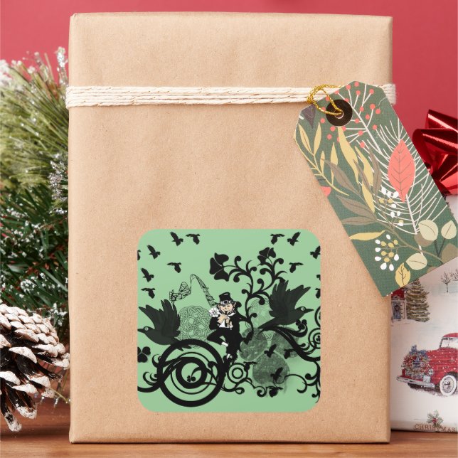 Leprechaun in Schwarz Quadratischer Aufkleber (Feiertag)