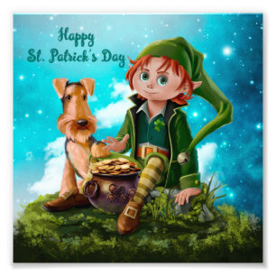Leprechaun Junge, Irish Terrier und Topf aus Gold Fotodruck