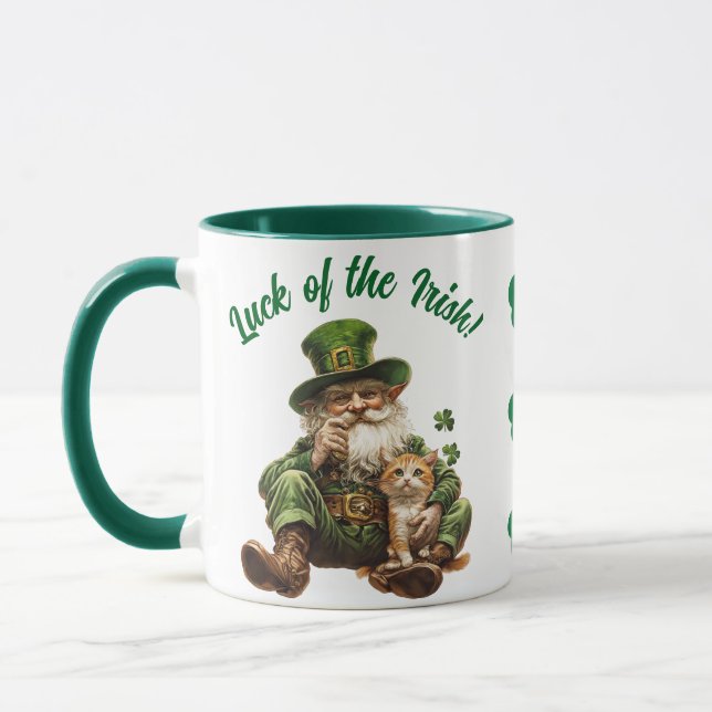 Leprechaun Katze mit Kleeblatt | Glück der Iren Tasse (Links)